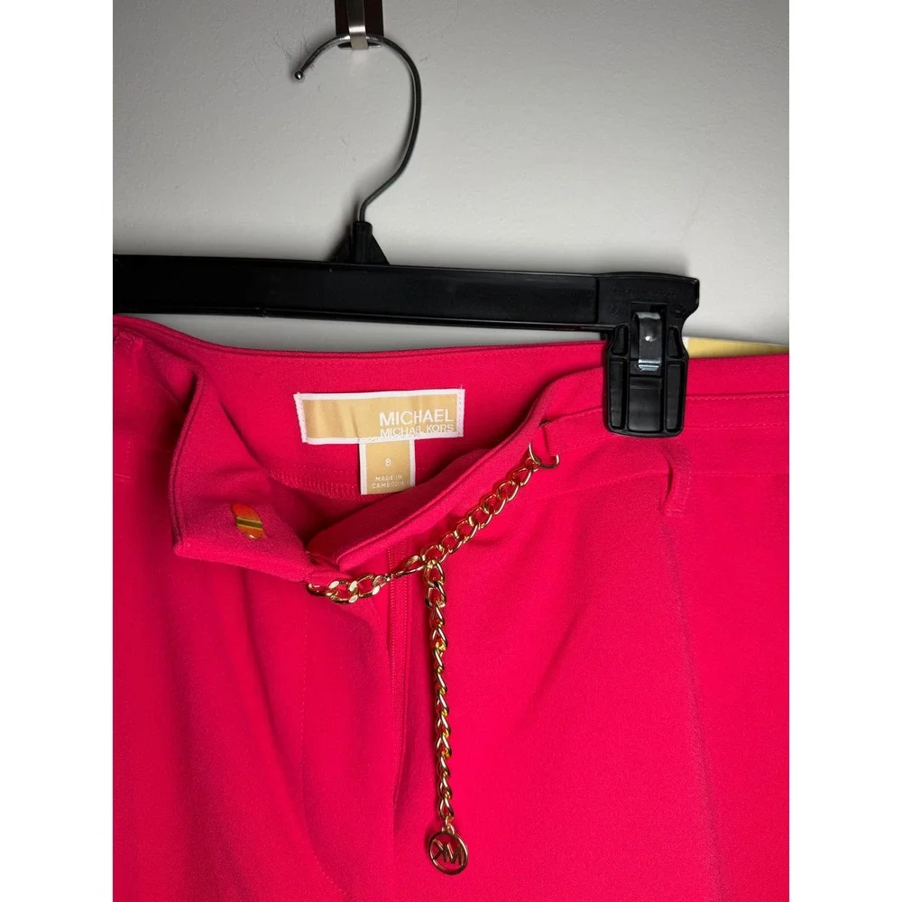 Michael Kors Deep Pink High-Rise Straight Ankle Pants with Gold Chain Detail 8